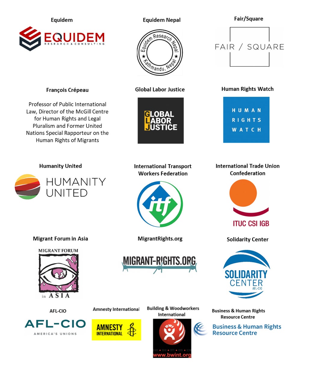 Logos of civil society organizations and trade unions. 