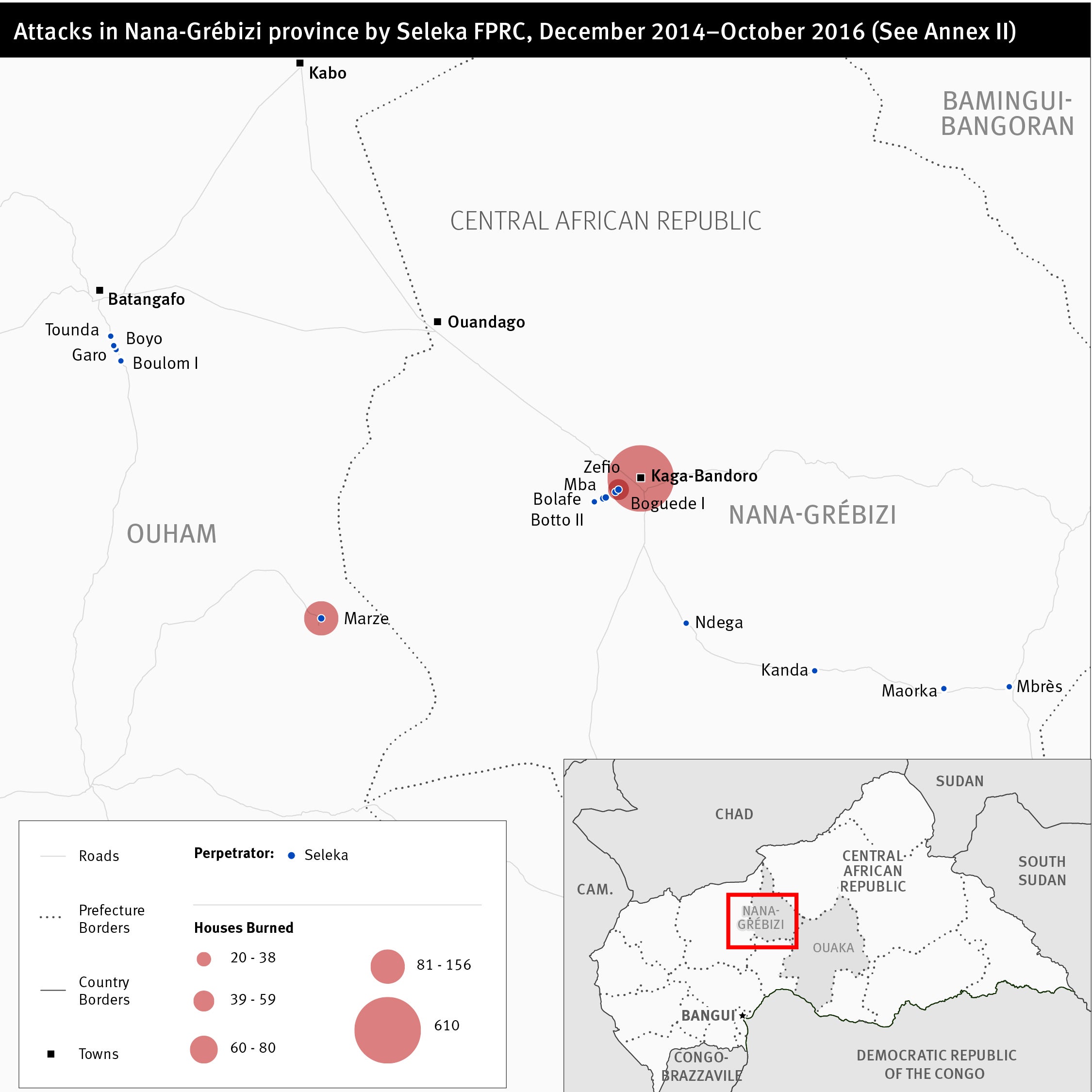 Map of Central African Republic attacks in the Nana-Grébizi province