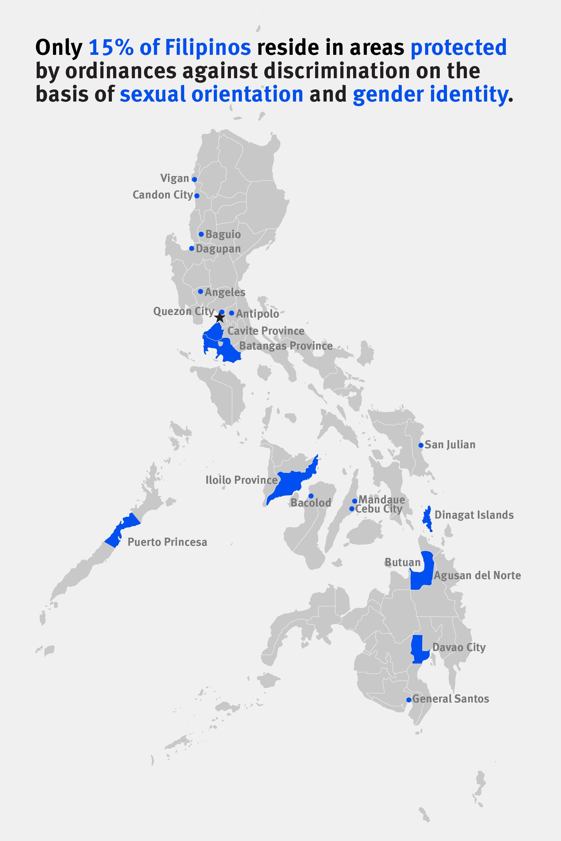 Map of the of areas in the Philippines protected from discrimination based on Sexual Orientation and Gender