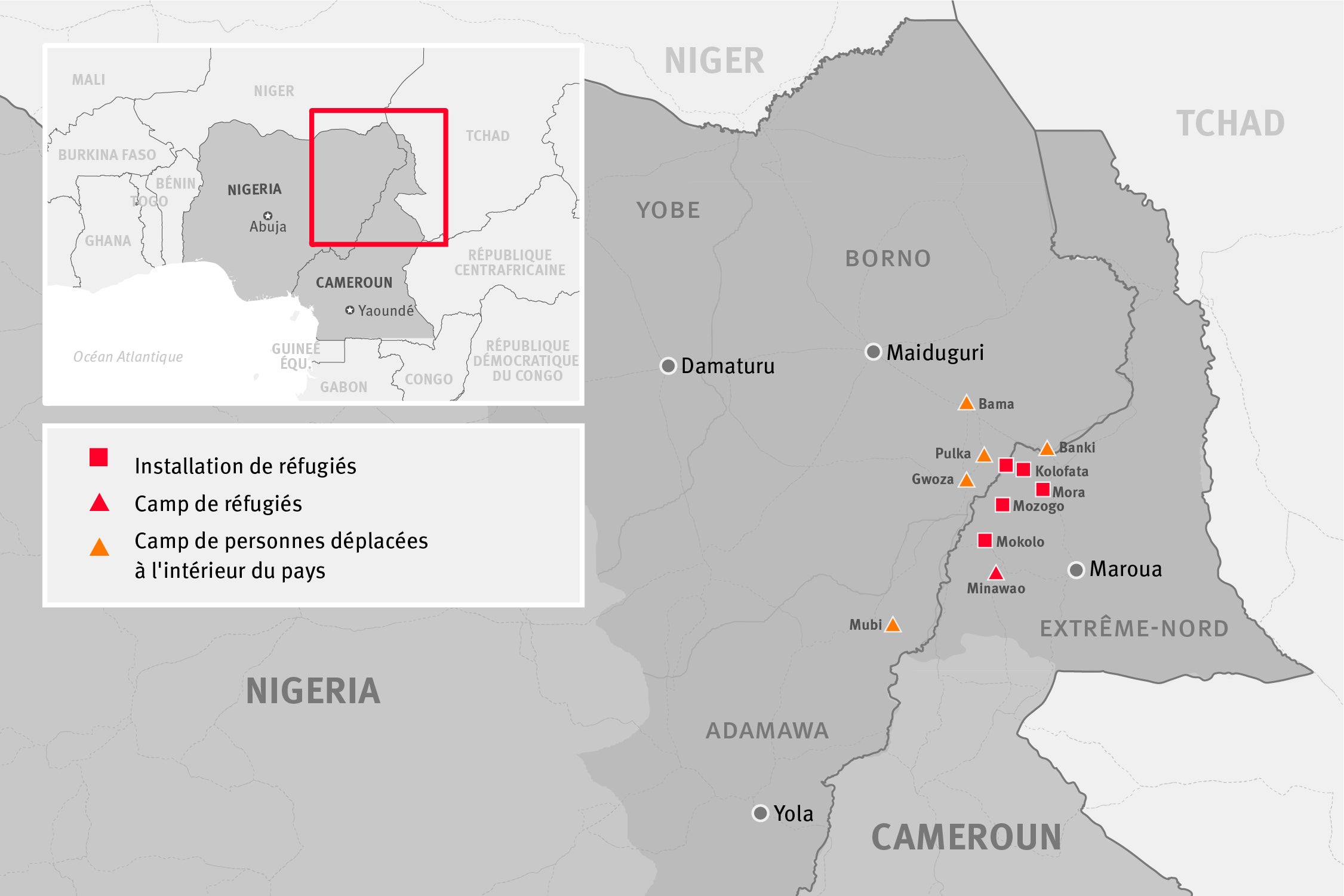 Carte de certains camps de réfugiés, installations de réfugiés et camps de déplacés internes dans les zones frontalières entre le Cameroun et le Nigeria