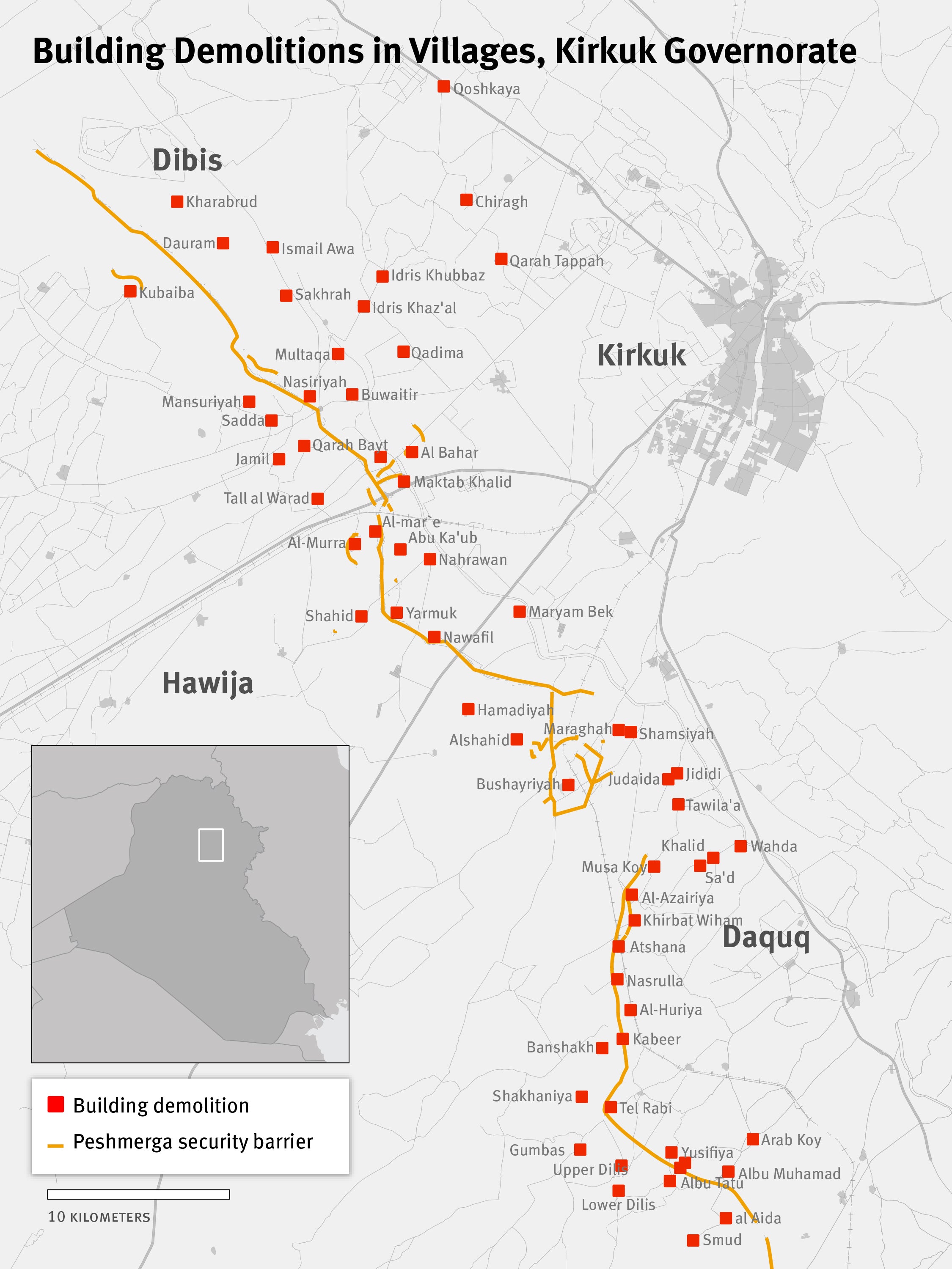 Map of Building Demolitions in Villages, Kirkuk Governorate