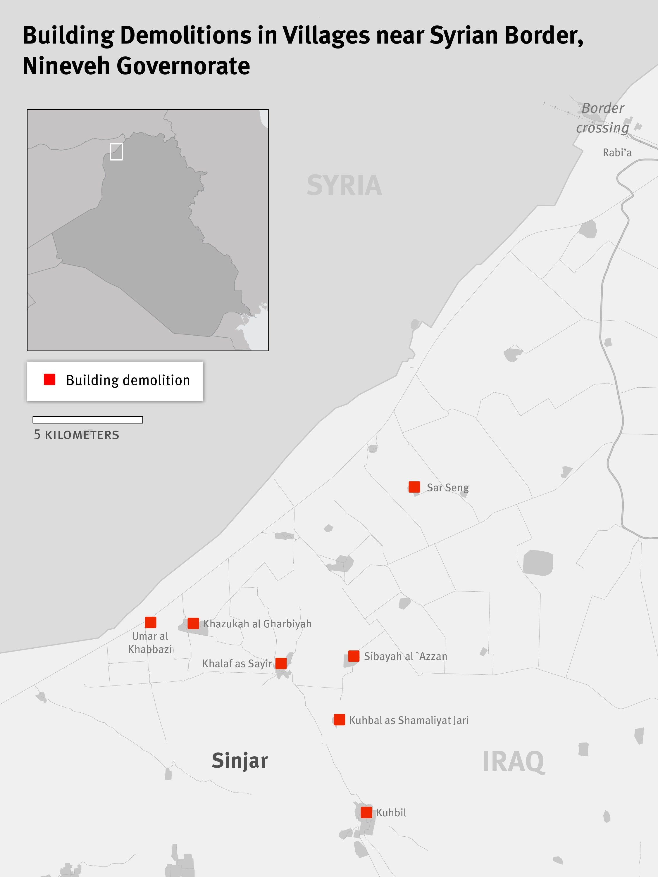 Map of Building Demolitions in Villages near the Syrian Border, Nineveh Governorate