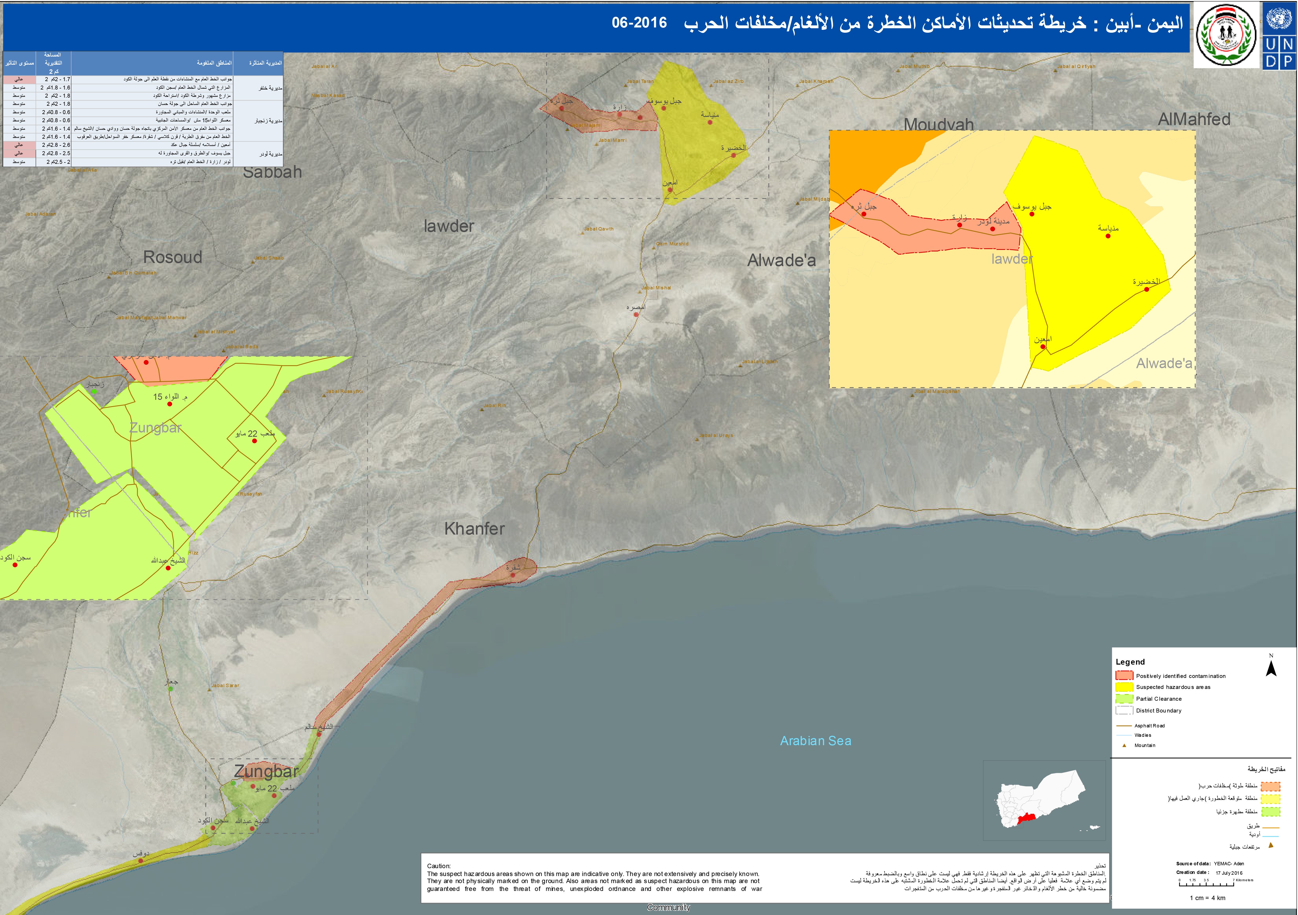 This mine danger map shows areas in Abyan that likely remain contaminated by landmines and other explosive remnants of war. The map is indicative only, as hazardous areas are not precisely known and these maps need to be updated regularly. The areas marked clear are not guaranteed to be free from explosive remnants of war, July 2016. 