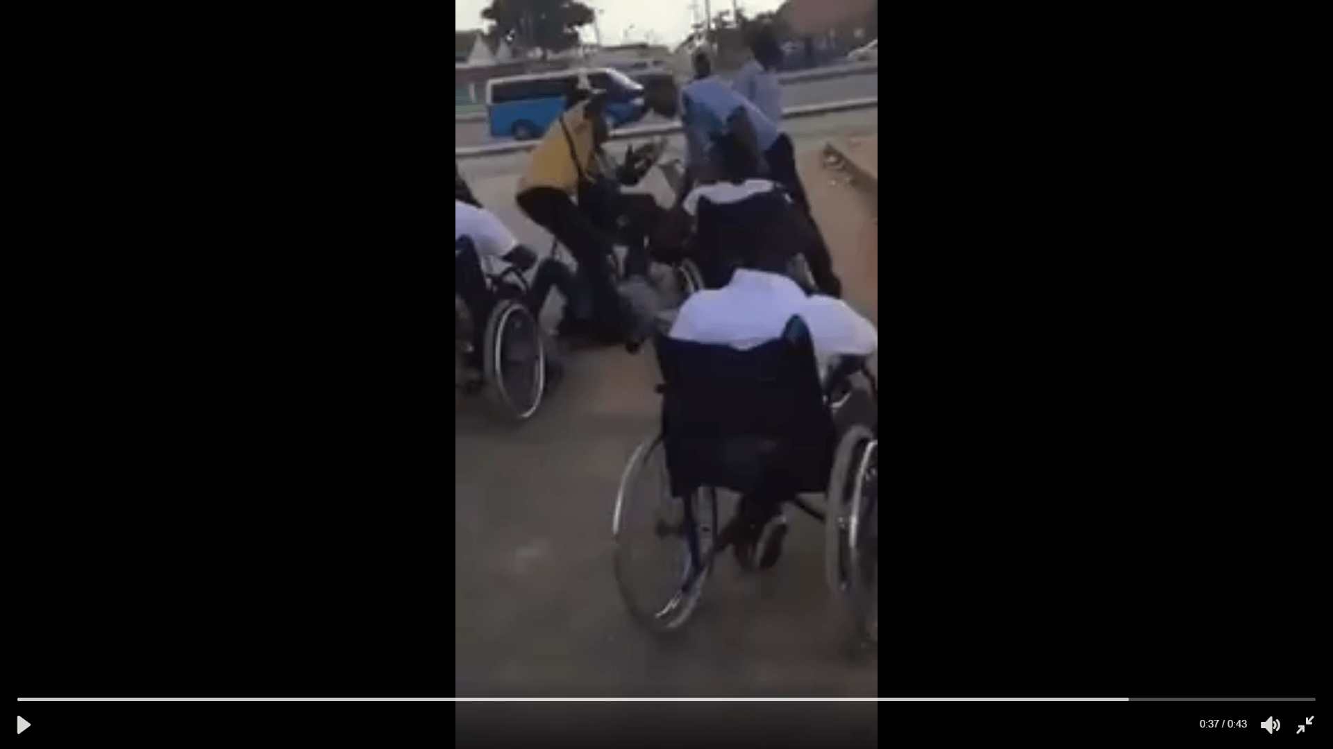 Video footage showing an Angolan police officer beating a peaceful protester in a wheelchair, Luanda, Angola, April 22, 2017.