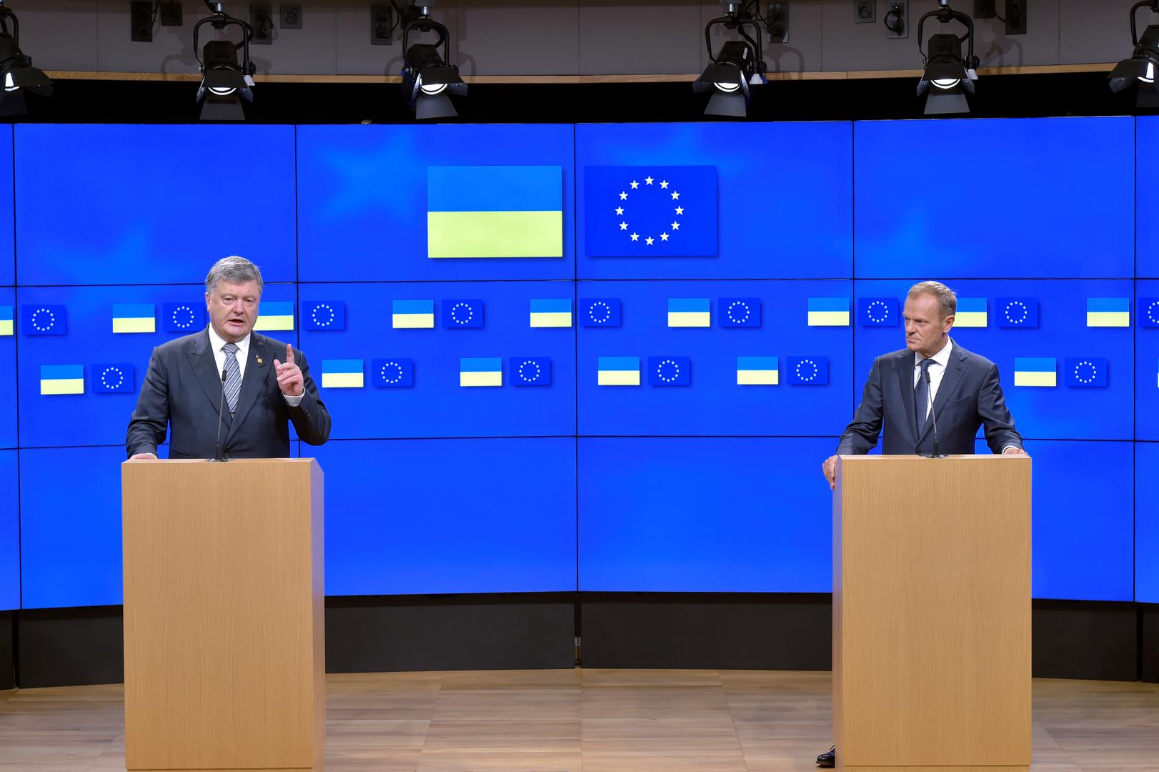 European Council President Donald Tusk gives a joint news conference with Ukrainian President Petro Poroshenko in Brussels, Belgium, June 22, 2017. 