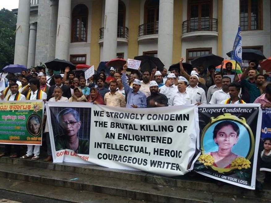 Demonstrators gather to protest the killing of journalist Gauri Lankesh, on September 6, 2017, in Bengaluru, India.