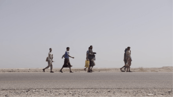 Ethiopian migrants walking on road in Shabwa governorate, Yemen. © 2018 VICE News Tonight on HBO