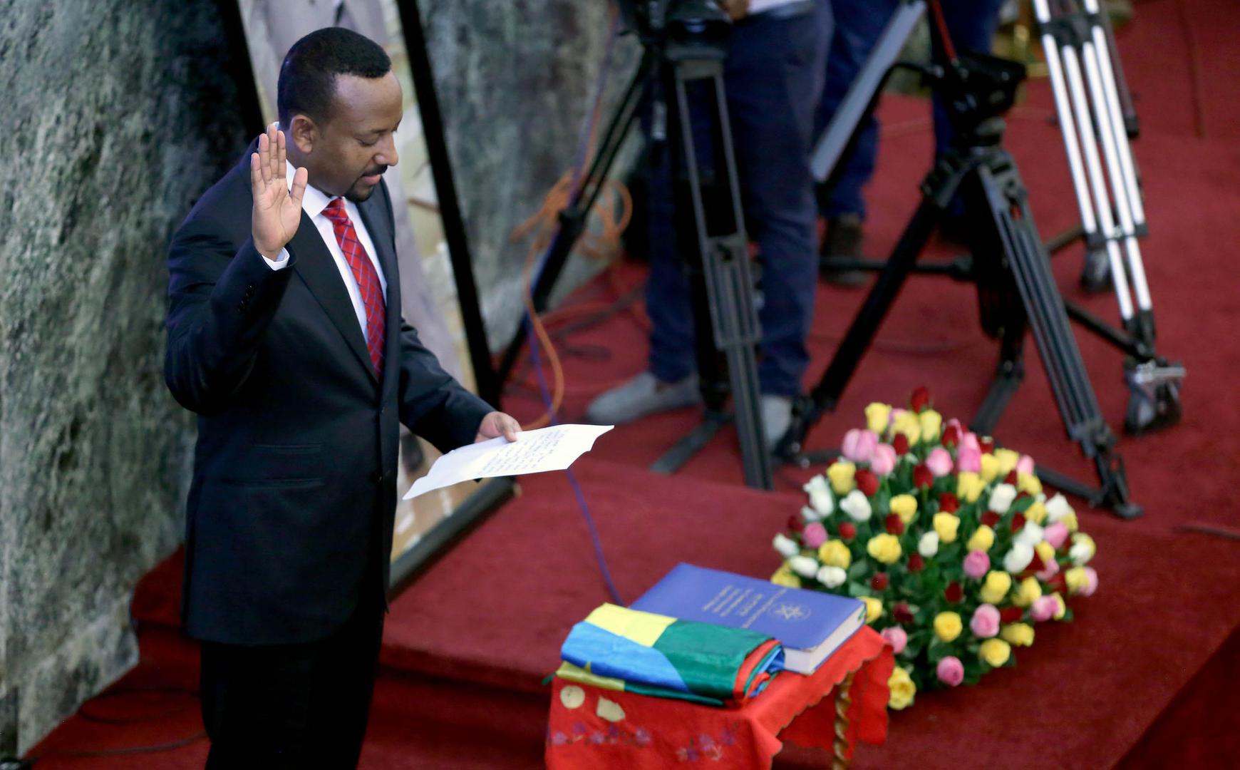 Abiy Ahmed, newly elected prime minister of Ethiopia, is sworn in at the House of Peoples' Representatives in Addis Ababa, April 2, 2018. © 2018 Hailu/Anadolu Agency/Getty Images