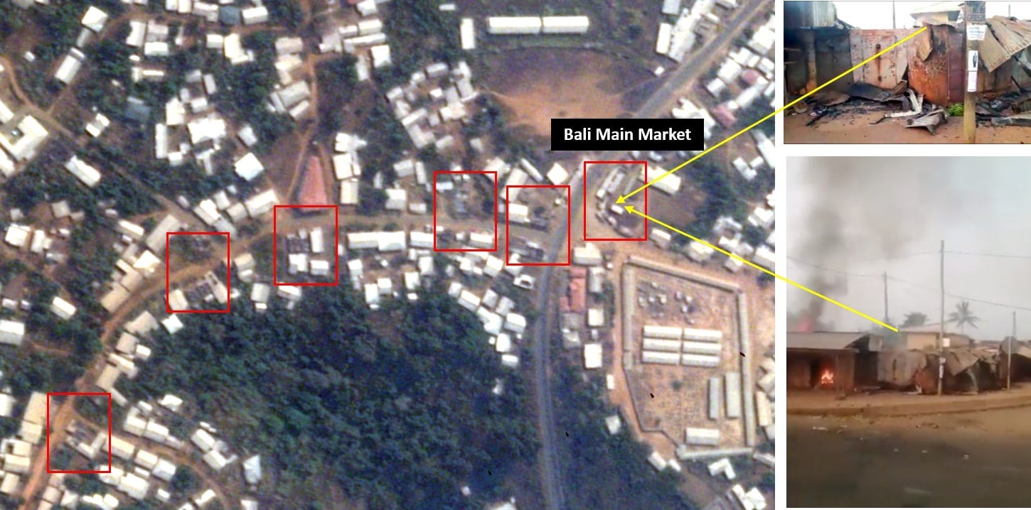 Satellite image of Bali main market captured on February 2, 2020 (© Planet Labs), and stills from videos depicting damaged buildings in the market.