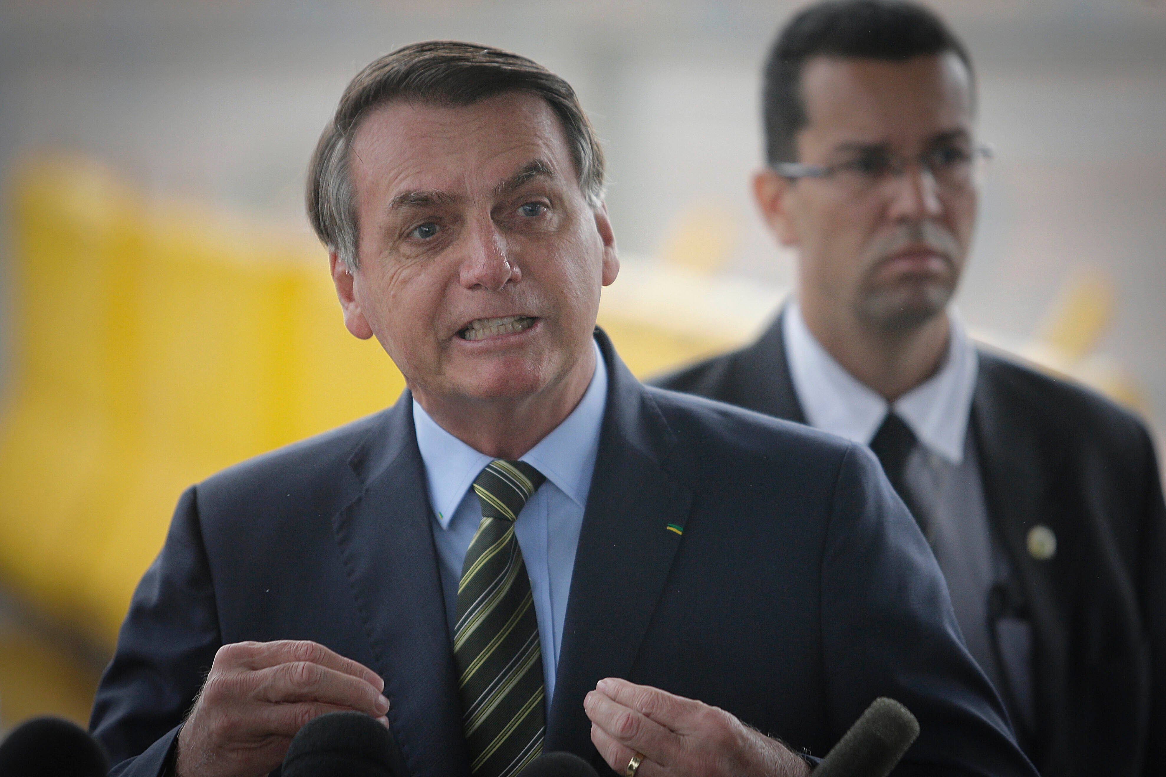 Brazilian President Jair Bolsonaro gives a press interview about coronavirus at the entrance of  Palacio da Alvorada in Brasilia.