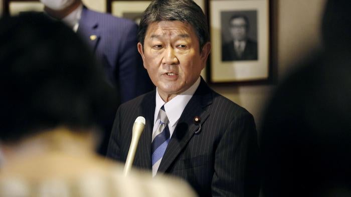Japanese Foreign Minister Toshimitsu Motegi meets the media in Tokyo on May 28, 2020. 