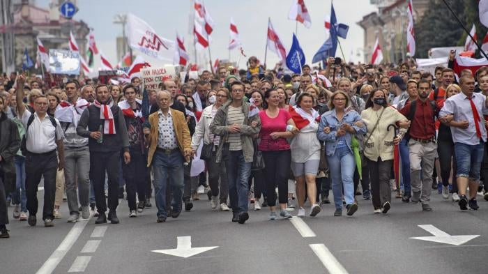 Protesters objecting to the flawed August presidential election and the government's brutality, in march along the Independence Prospect during the "March of Unity" rally in Minsk, Belarus on Sunday, Sep. 6, 2020, Belarus.© 2020 SIPA USA via AP
