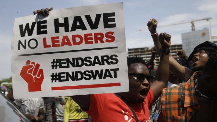Demonstrators protesting against police brutality in Lagos, Nigeria, on October 15, 2020.
