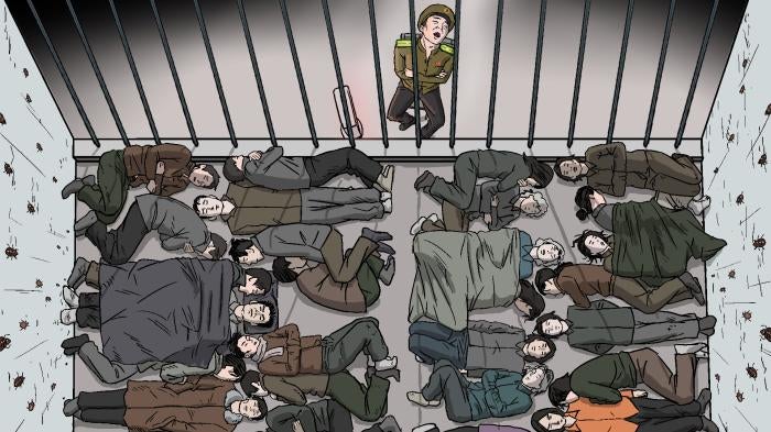 An overhead illustration of people in a crowded jail cell