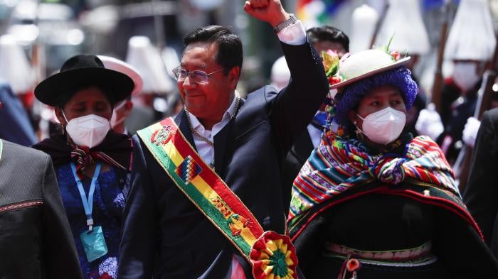 Bolivia's new President Luis Arce leaves the Congress on his inauguration day in La Paz, Bolivia, Sunday, Nov. 8, 2020.