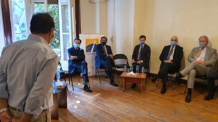 Several European diplomats attend a meeting at the Egyptian Initiative for Personal Rights' (EIPR) office in Cairo on November 3, 2020.