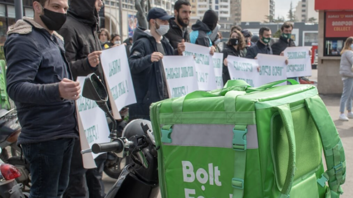 Bolt Food couriers protest in Tbilisi, Georgia, on March 24, 2021