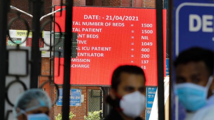 A hospital information board shows non-availability of beds in New Delhi, India, April 21, 2021.