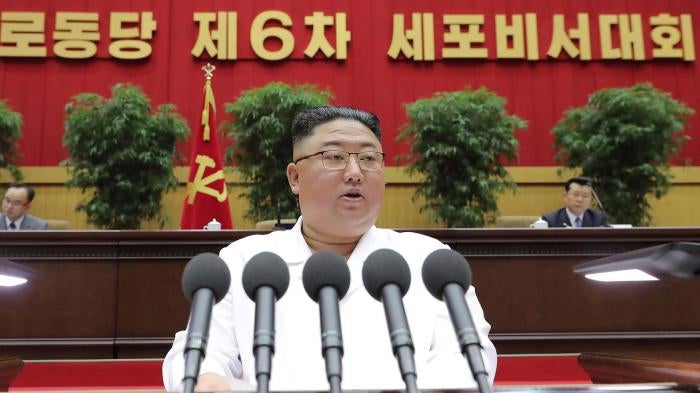 North Korean leader Kim Jong Un delivers a closing speech at the Sixth Conference of Cell Secretaries of the Workers' Party of Korea in Pyongyang, North Korea, April 8, 2021. 