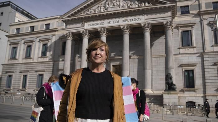 The president of the Trans Platform Federation, Mar Cambrollé seen during a rally to pass the so-called 'Trans Law' in the Congress of Deputies in Madrid. 