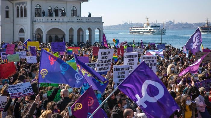 People gathered in Istanbul in March 2021 to protest Turkish President Recep Tayyip Erdoğan's decision to withdraw from the Istanbul Convention, a treaty designed to safeguard women from gender-based violence. 