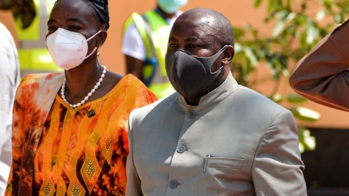 Burundi's President Evariste Ndayishimiye, right, attends the inauguration of the new Kisumu port with an oil loading jetty at Lake Victoria in Kisumu, Kenya, on May 31, 2021.