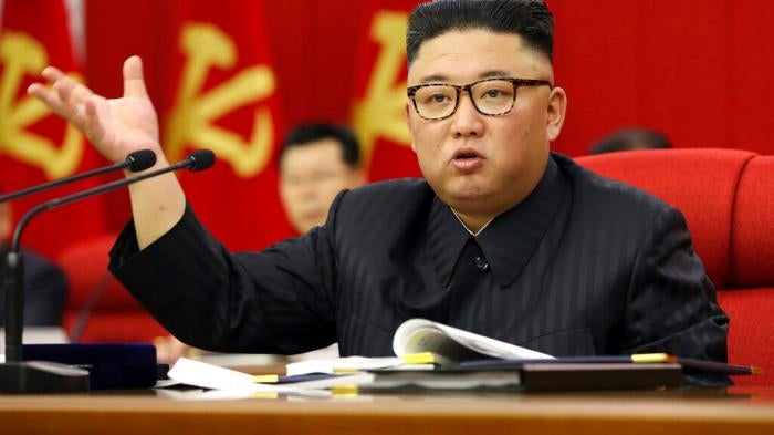 North Korean leader Kim Jong Un speaks during a Workers' Party meeting in Pyongyang, North Korea, Tuesday, June 15, 2021. 