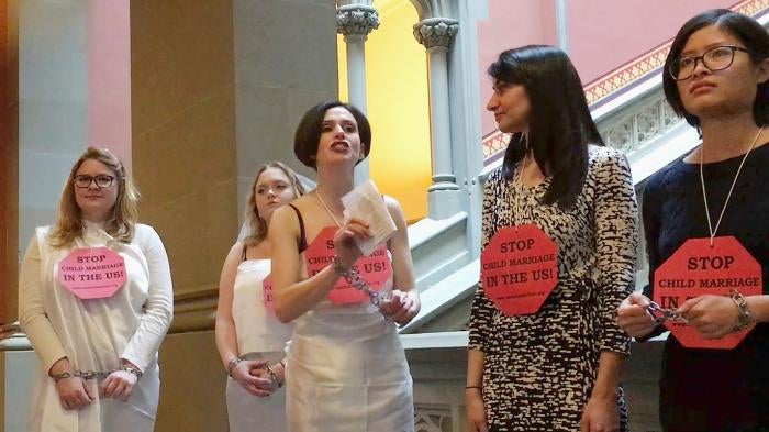 Women protest child marriage at the New York state capitol in Albany, on Feb. 14, 2017.