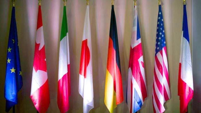 Flags of the G7 Europe, Canada, Italy, Japan, Germany, England, USA and France in Paris, France on July 4th, 2019.
