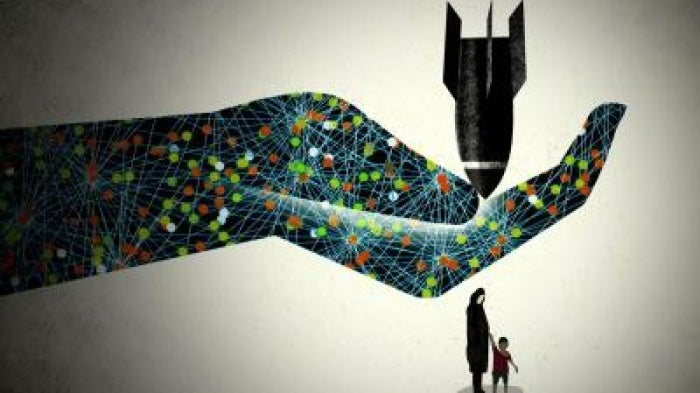 A graphic piece by Brian Stauffer depicting an outstretched hand catching a rocket in its palm while shielding a mother and a young boy beneath it.  