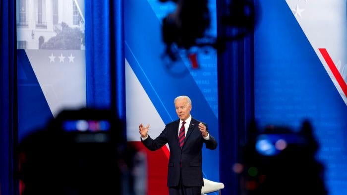 President Joe Biden speaks at a CNN town hall at Mount St. Joseph University in Cincinnati, OH on July 21, 2021.