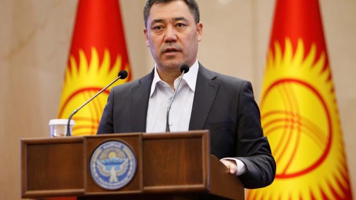 Kyrgyzstan's Prime Minister Sadyr Japarov delivers a speech during a session of parliament in Bishkek, October 16, 2020.