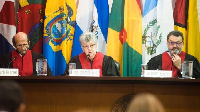 Judges at the Inter-American Court of Human Rights hear the case Paola Guzmán Albarracín’s mother brought against Ecuador in San José, Costa Rica on January 28, 2020.