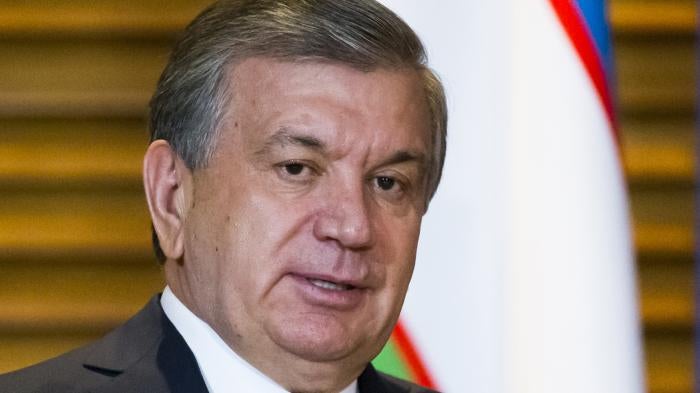 Uzbekistan's President Shavkat Mirziyoyev speaking in Qingdao, China on June 9, 2018. © 2018 AP Photo/Alexander Zemlianichenko.” 