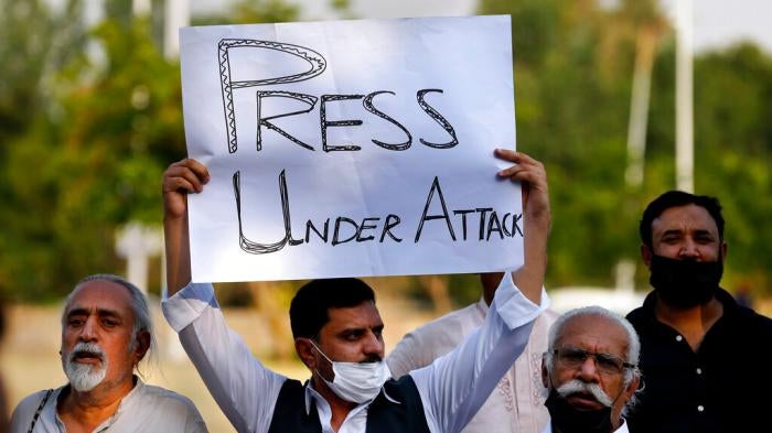 Pakistani journalists and activists at a demonstration called by the journalists union to condemn attacks on the media, in Islamabad, Pakistan, on May 28, 2021.