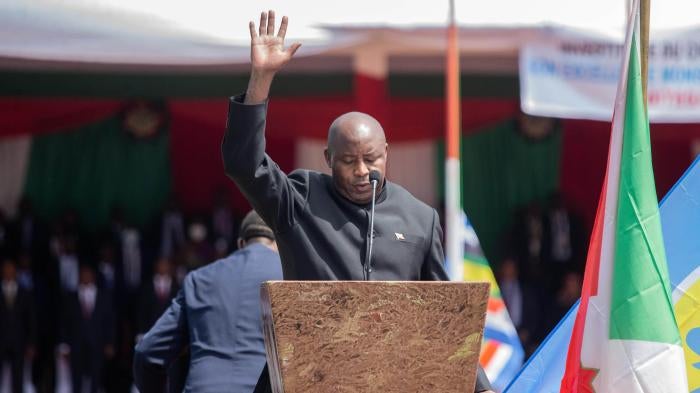 Burundian President Évariste Ndayishimiye at his swearing-in ceremony in Gitega, Burundi, on June 18, 2020.