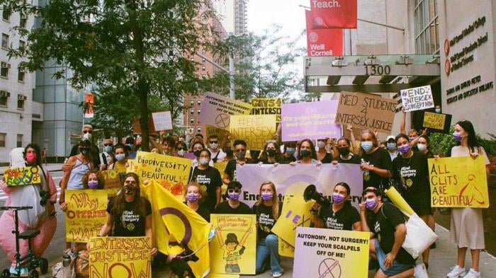 Demonstrators gather for an #EndIntersexSurgery protest outside Weill-Cornell hospital in New York City in August 2021. 
