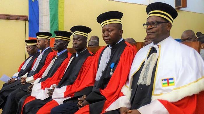 Special Prosecutor Toussaint Muntazini (right) and five other judges of Central African Republic’s Special Criminal Court (SCC) sit at the National Assembly in Bangui, having been sworn in on June 30, 2017.