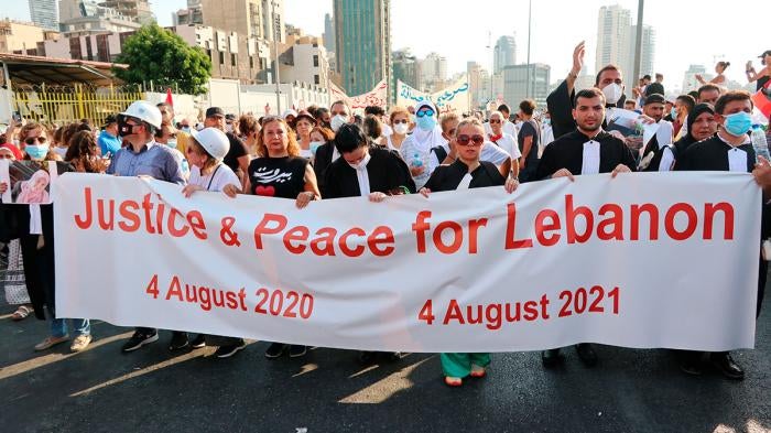The Lebanese Association of Lawyers march at the First Anniversary of Port Blast, Beirut, Lebanon, on August 4, 2021.