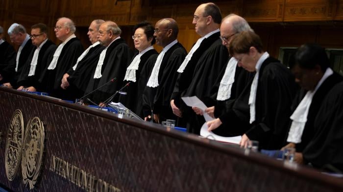 Judges are pictured during the second day of hearings in the case brought by Gambia against Myanmar at the International Court of Justice in The Hague, Netherlands, December 11, 2019.