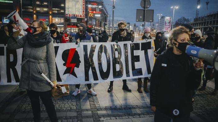 Women take part in a demonstration against the Polish abortion law, in Wroclaw, Poland, on March 17, 2021.