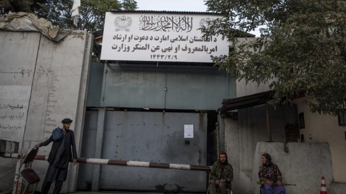 Taliban guards at the entrance of the Ministry of Vice and Virtue, which oversees the implementation of religious regulations, Kabul, Afghanistan on September 21, 2021. 