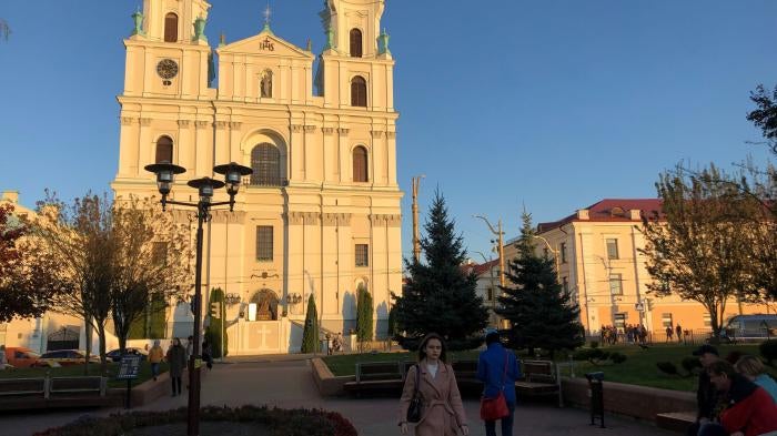 View of the Catholic Church in Hrodna, Belarus. 
