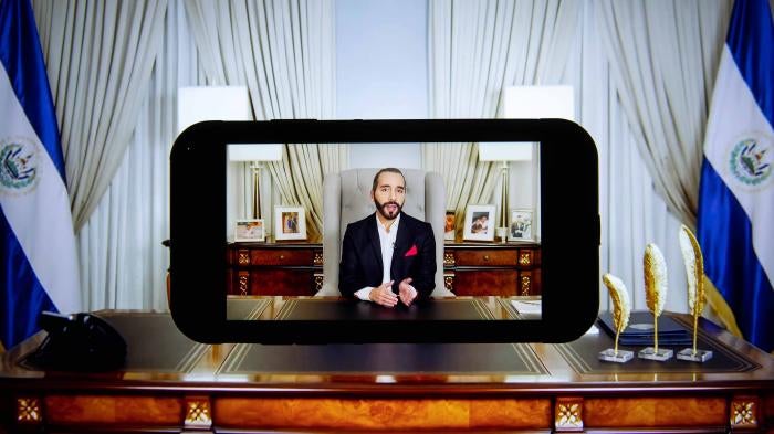 Nayib Bukele, El Salvador's president, speaks in a prerecorded video during the United Nations General Assembly via live stream in New York, U.S., on Thursday, Sept. 23, 2021. 