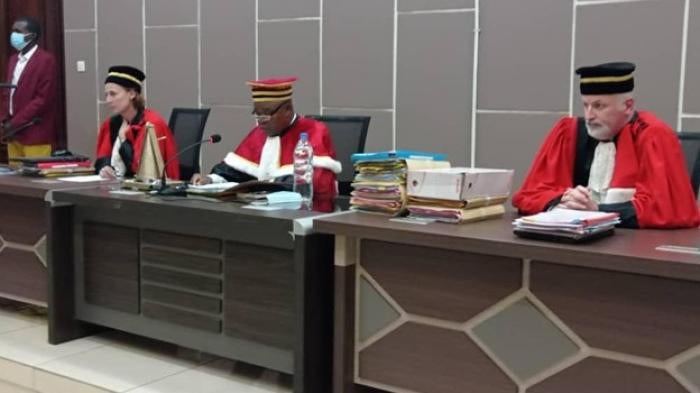 Judges from the Central African Republic’s Special Criminal Court (SCC) listen to arguments in a hearing