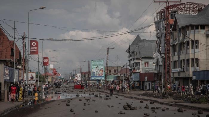 National Road No. 2 barricaded with stones to block traffic during a demonstration in Goma, eastern Democratic Republic of Congo, on December 20, 2021.