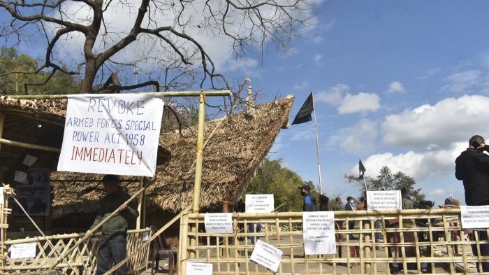 Placards calling for revocation of the Armed Forces (Special Powers) Act at the Hornbill festival in Nagaland, following the killing of civilians by Indian soldiers in the state, December 5, 2021. 