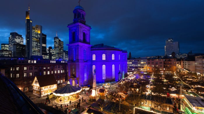 St. Paul's Church in Frankfurt am Main, Germany, is lit blue to celebrate Human Rights Day on December 10, 2019.