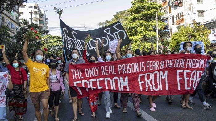 Demonstrators in Yangon protest the military coup in Myanmar