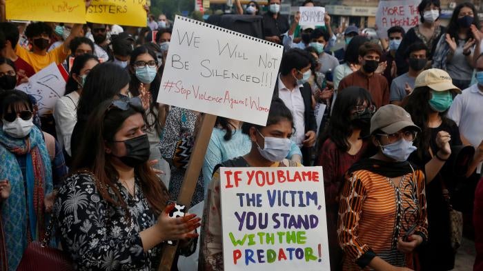 Women's rights activists demonstrate to condemn violence against women in Lahore, Pakistan